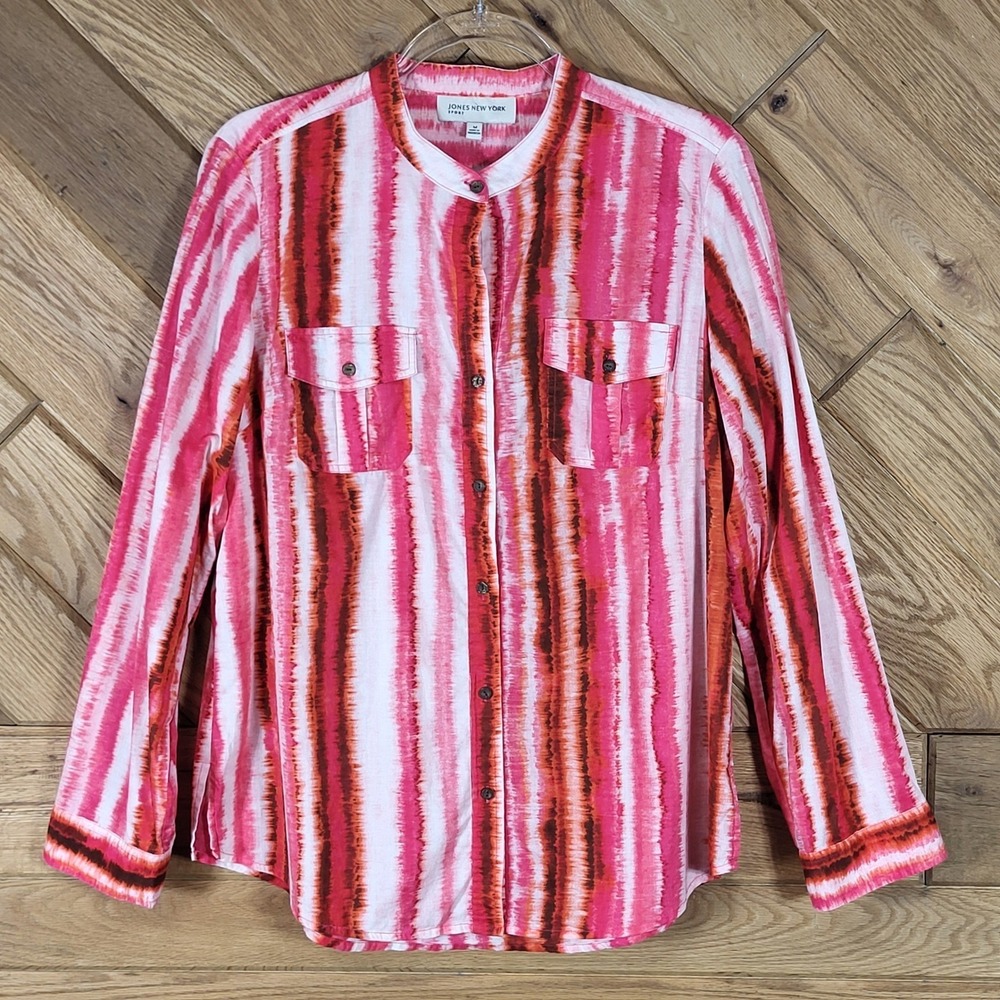 Jones New York Button Down Women Medium Roll Tab Tie Dye Stripe Pink Orange